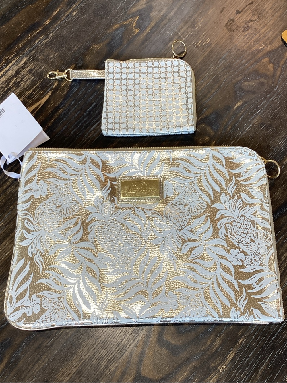 Lilly Pulitzer Safari Sangria Gold Metallic Floral Tech Pouch Set